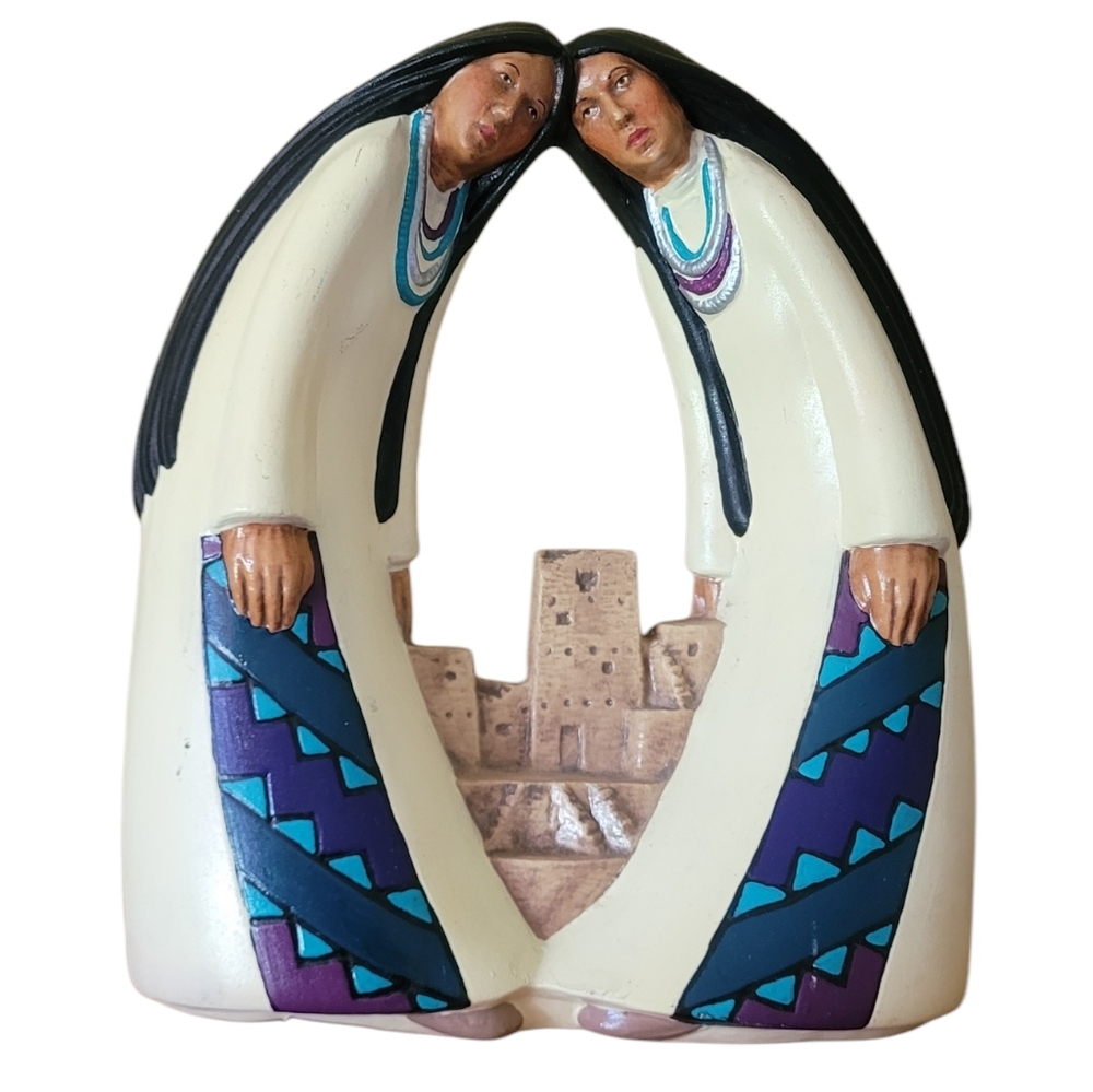 Native American Ceramic Sculpture with Cream and Purple Accents